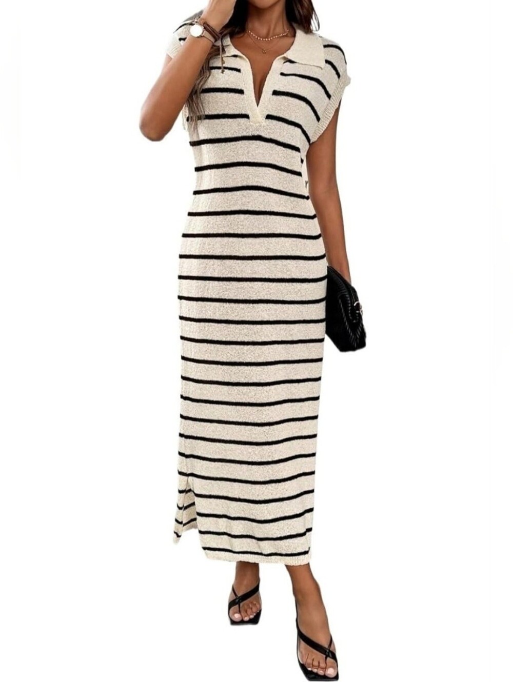 NEROXA Striped Knit Sweater Maxi Dress Cream Black